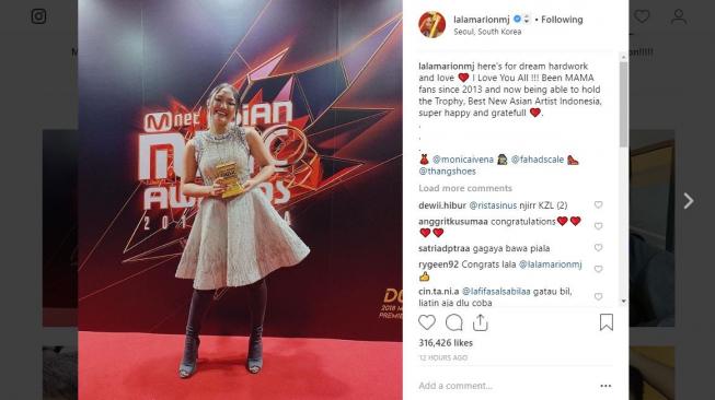 Marion Jola menang MAMA 2018 kategori Best New Asian Artist Indonesia. [instagram/lalamarionmj]