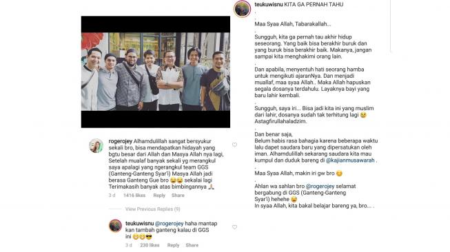 Pernyataan pertama Roger Danuarta di depan publik setelah mualaf. [instagram/teukuwisnu]