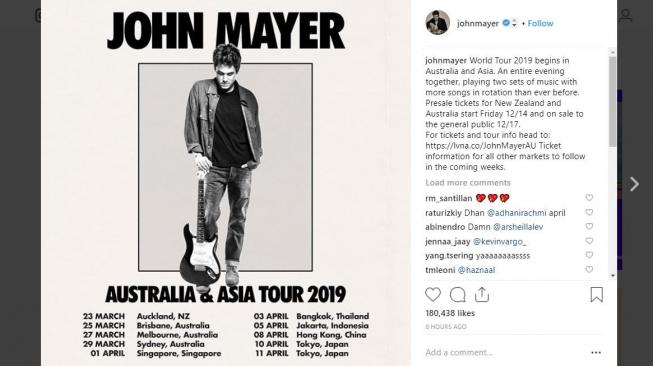 John Mayer umumkan konser di Indonesia. [instagram/johnmayer]