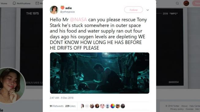 Pencarian Tony Stark di luar angkasa. [Twitter]