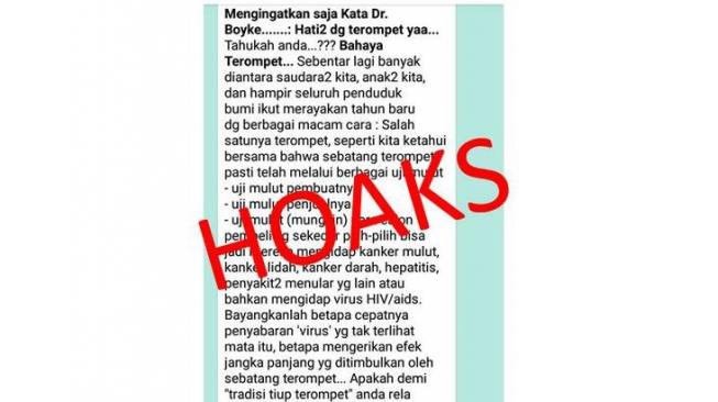 Pesan berantai Hoax soal penularan HIV lewat terompet [Whatsapp]