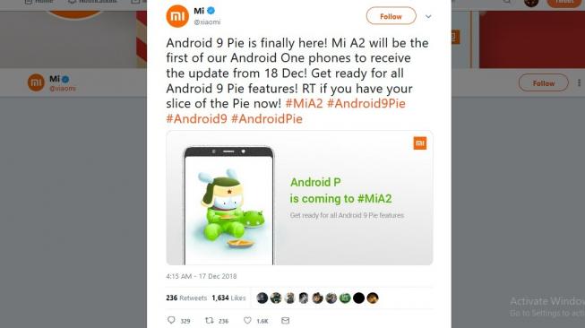 Pembaruan Android 9 Pie di Xiaomi Mi A2. [Twitter]