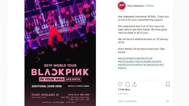 Blackpink tambah hari konser di Indonesia. [instagram/ime_indonesia]