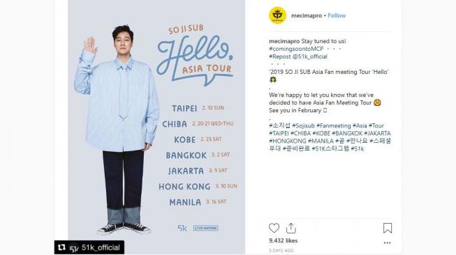 So Ji Sub akan gelar fan meeting yang kedua di Indonesia. [instagram/mecimapro]