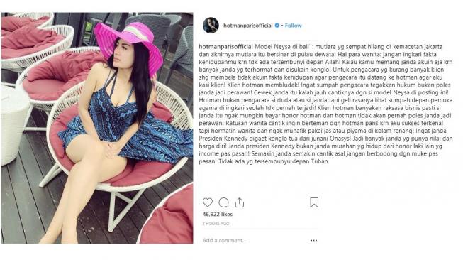 Hotman Paris sindir Hilda Vitria lagi. [instagram/hotmanparisofficial]