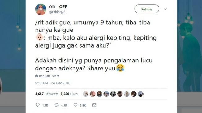 Kocak! Begini Cuitan Pengalaman Nyeleneh Seorang Adik Ala Warganet