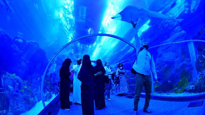 Wisatawan mengunjungi akuarium Dubai Mall di pusat kota Dubai, Uni Emirat Arab, Rabu (2/1).[GIUSEPPE CACACE/AFP]