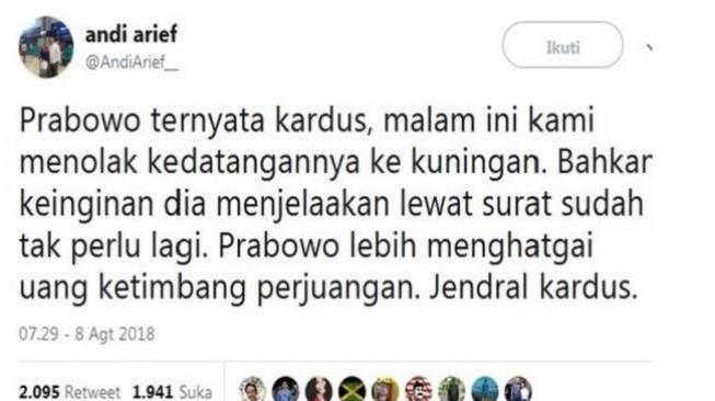 Kicauan Andi Arief soal Jenderal Kardus. (Twitter)