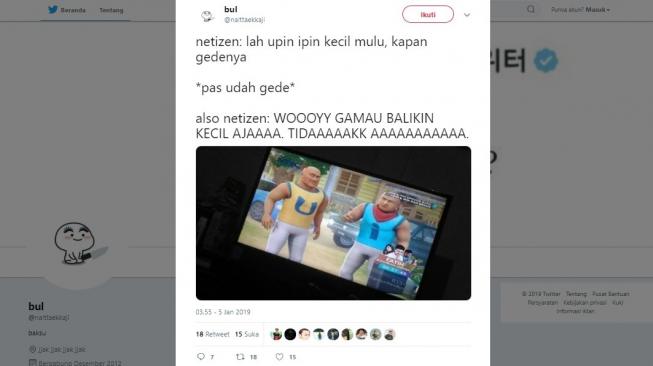 Postingan warganet soal Upin Ipin Dah Besar. [Twitter]