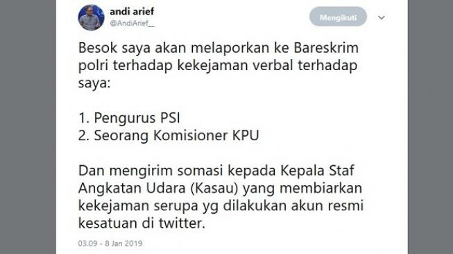 Cuitan Wasekjen Demokrat Andi Arief. (Twitter)