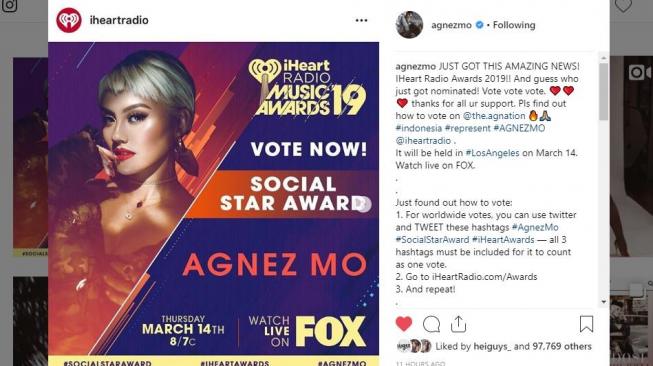 Agnez Mo masuk nominasi iHeart Radio Music Awards 2019. [instagram/agnezmo]