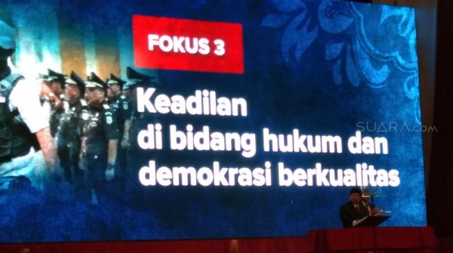Calon Presiden nomor urut 02 Prabowo Subianto menyampaikan pidato kebangsaanya di JCC, Senayan, Jakarta. (Suara.com/Walda Marison)
