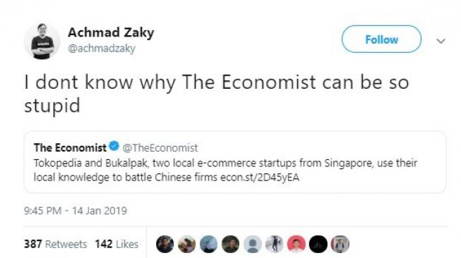 CEO Bukalapak Achmad Zaky menyindir The Economist lewat twitter. (Dok. Twitter/@AchmadZaky)