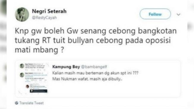 Cuitan warganet yang memicu marah warganet lain. [Twitter]