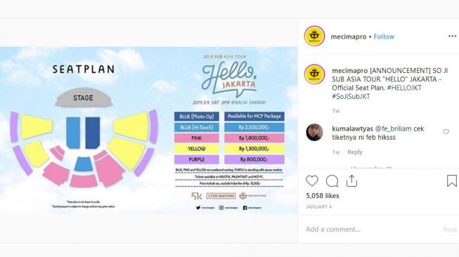 Harga tiket dan seatplan fan meeting So Ji Sub di Balai Sarbini, Jakarta. [instagram/mecimapro]