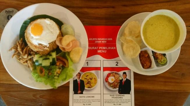 Menu unik soto Jokowi dan nasi goreng Prabowo di Pullens Cafe and Resto Semarang. (Suara.com/Adam Iyasa)