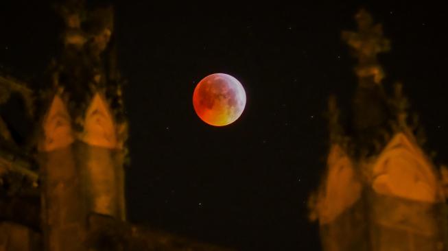 Bulan purnama terang memerah dan besar saat terjadi gerhana bulan dan fenomena Supermoon di belakang katedral Tours, Perancis, Senin (21/1). [GUILLAUME SOUVANT / AFP]