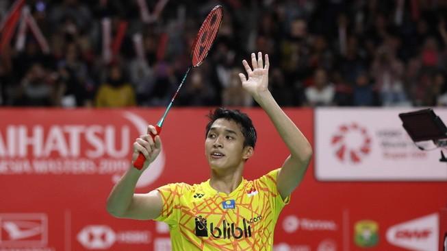 Pebulutangkis tunggal putra Indonesia, Jonatan Christie, melenggang ke semifinal Indonesia Masters 2019 usai menundukkan Kidambi Srikanth (India) di Istora Senayan, Jakarta, Jumat (25/1/2019). [Humas PBSI]