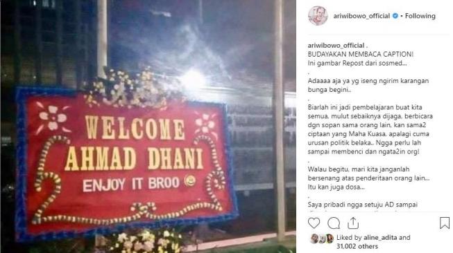 Ari Wibowo kecewa terhadap oknum yang mengirimkan bunga pada Ahmad Dhani. [instagram/ariwibowo_official]