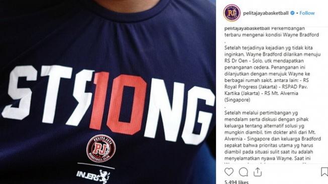 Klub basket Pelita Jaya menginformasikan perkembangan kabar cedera yang dialami Wayne Bradford melalui akun Instagram resminya, Selasa (30/1/2019). [Instagram@pelitajayabasketball]