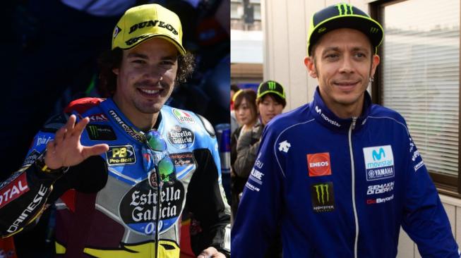 Kolase foto Franco Morbidelli dan Valentino Rossi. [AFP/Pierre-Philippe Marcou/Martin Bureau]