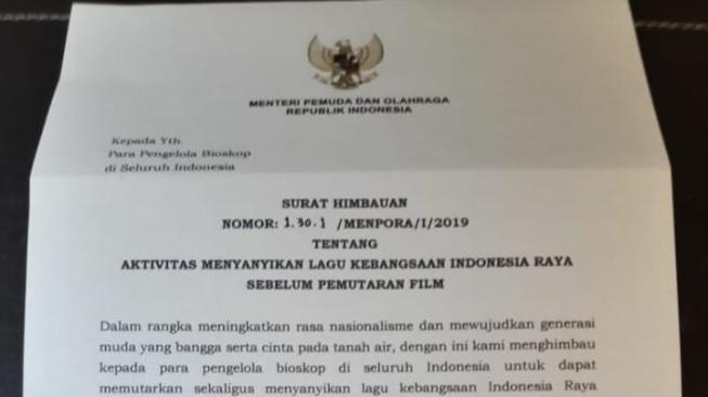 Surat Menpora: Penonton Bioskop Nyanyi Indonesia Raya Sebelum Nikmati Film