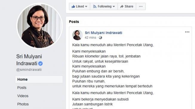Menteri Keuangan, Sri Mulyani Indrawati, mengungah sebuah puisi untuk menjawab tudingan sebagai menteri pencetak utang di akun Facebook-nya, Jumat (1/2). [Facebook/@smindrawati]