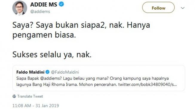 Addie MS membalas twitt Faldo Maldini (Twitter)