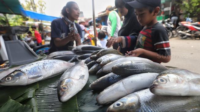 Warga membeli ikan bandeng di Pasar Rawa Belong, Jakarta, Minggu (3/1). [Suara.com/Muhaimin A Untung]