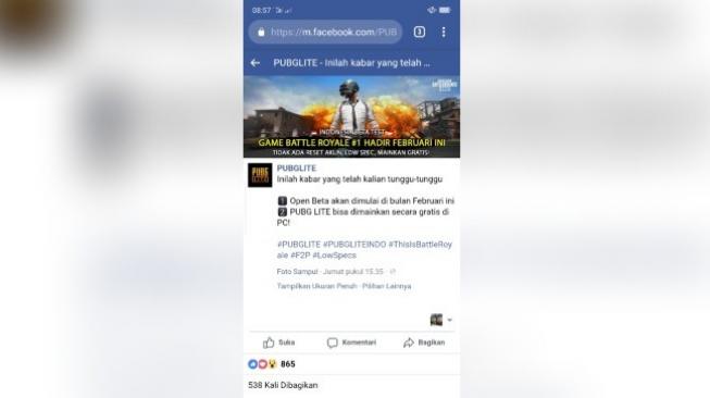 PUBG Lite masuk Indonesia. [Facebook]