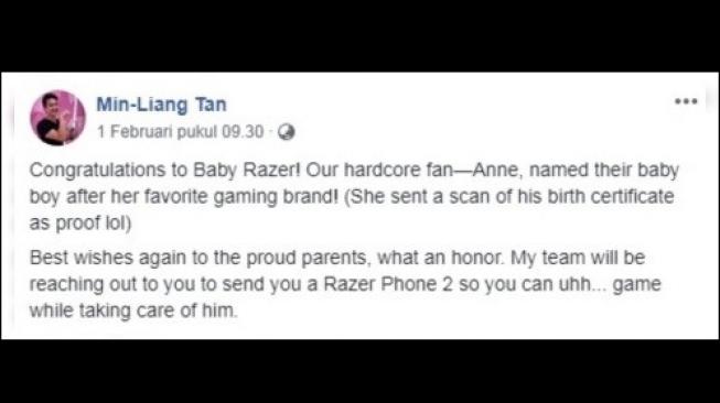 Ucapan selamat untuk bayi Razer. [Facebook]