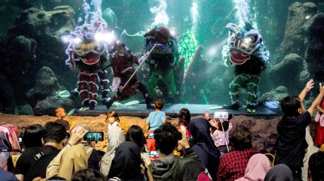 Pengunjung menyaksikan pertunjukan barongsai di dalam air di Seaworld Ancol, Jakarta, Minggu (3/2). ANTARA FOTO/Putra Haryo Kurniawan