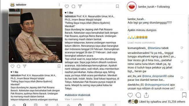 Prof. K.H. Nasaruddin Umar mengungkap soal rencana pernikahan Reino Barack-Syarhini. (Instagram Lambe Turah)