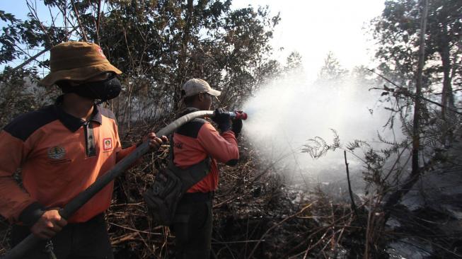 Petugas Manggala Agni memadamkan sisa api yang membakar semak belukar dan pepohonan akasia di kawasan hutan konservasi, Medang Kampai, Dumai, Riau, Minggu (3/2). ANTARA FOTO/Aswaddy Hamid