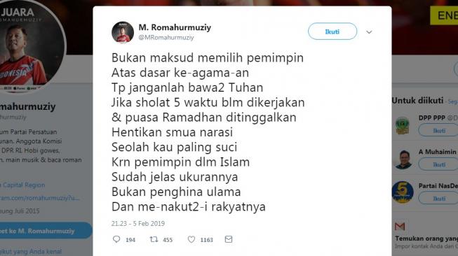 Hasil bidik layar cuitan PPP M Romahurmuziy di akun Twitter pribadi. (@MRomahurmuziy)