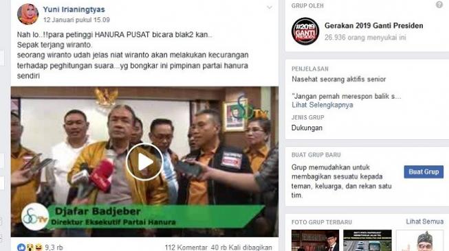 Cek Fakta: Petinggi Hanura disebut bongkar sepak terjang Wiranto. (Facebook)