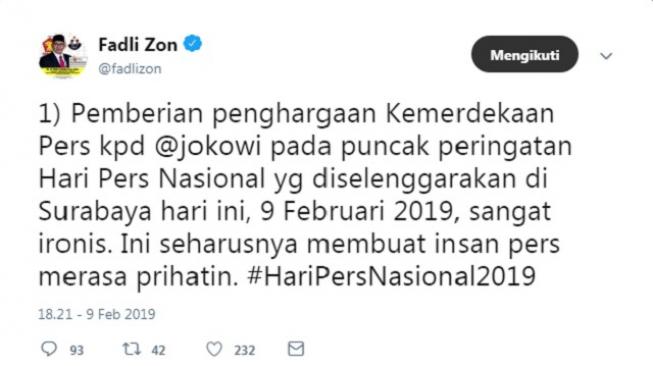 Fadli Zon kritisi pemberian penghargaan Kemerdekaan Pers dari Dewan Pers untuk Jokowi. (Twitter)