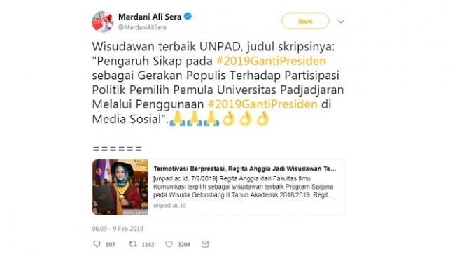 Cuitan Mardani Ali Sera memuji mahasiswi berprestasi di Unpad. (Twitter)