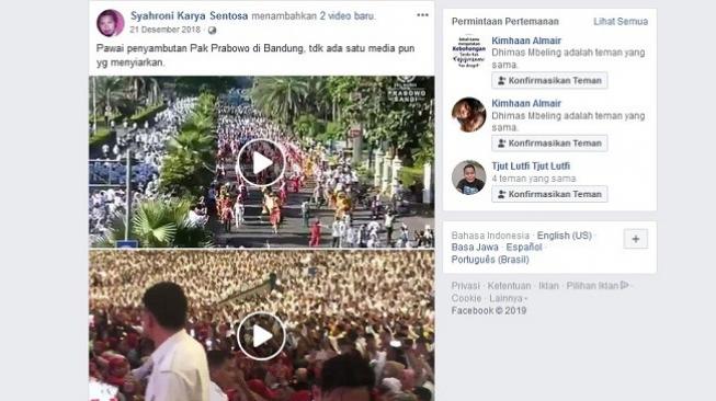 Cek Fakta: Ribuan orang sambut Prabowo di Bandung. (Facebook)