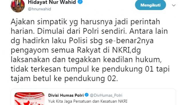 Cuitan Hidayat Nur Wahid. (Twitter)