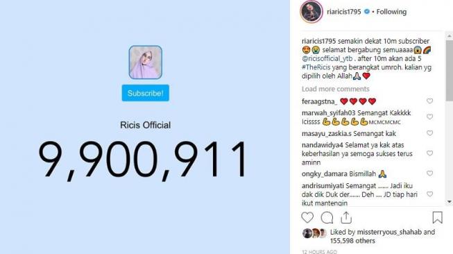 Ria Ricis akan segera menyaber 10 juta subscriber. [instagram/riaricis1795]