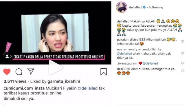 Rasa syukur Della Perez dinyatakan tak terlibat prostitusi online. [instagram/dellaled]