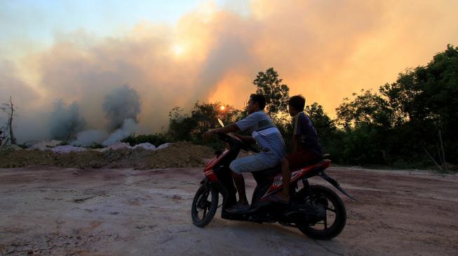 Kebakaran hutan dan lahan meluas dan sudah mendekati pemukiman warga di kecamatan Dumai Barat kota Dumai, Dumai, Riau, Selasa (12/2). [ANTARA FOTO/Aswaddy Hamid]