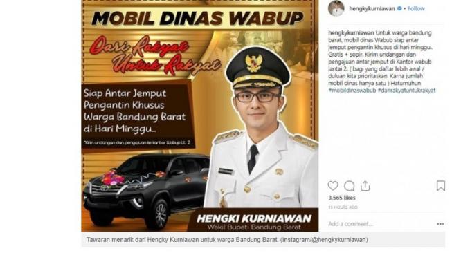 Hengky Kurniawan dalam unggahan mobil dinas wabup [Instagram: @hengkykurniawan].