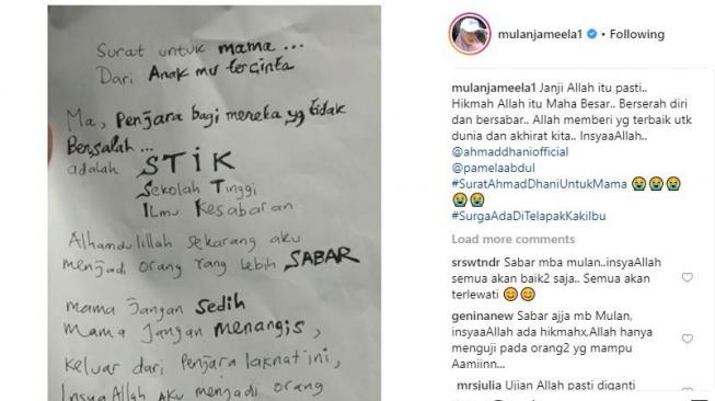 Ahmad Dhani menulis surat untuk ibunda. [instagram/mulanjameela1]