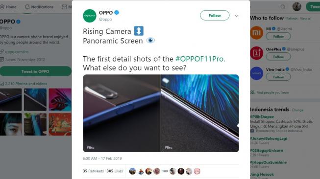 Positif! Oppo F11 Pro Usung Kamera Depan Pop Up