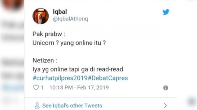 Postingan warganet soal pertanyaan Unicorn. [Twitter]