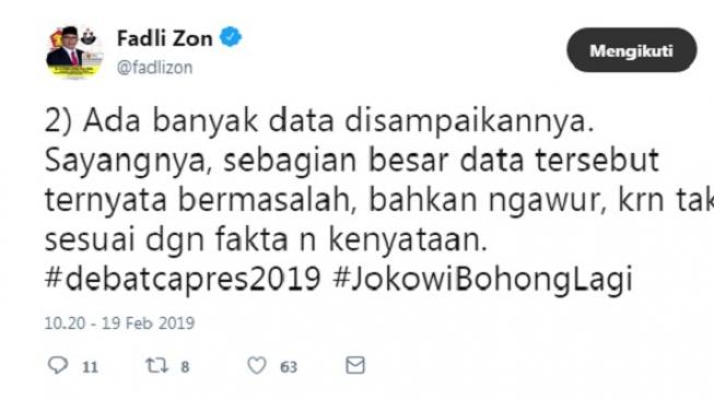 Cuitan Fadli Zon soal debat capres. (Twitter)