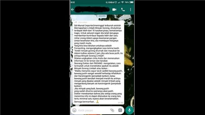 Cek fakta reporter terbunuh karena laporkan skandal peredaran minyak goreng limbah. (pesan Whatsapp)