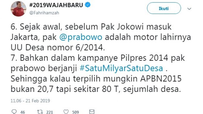 Fahri Hamzah mengatakan Prabowo merupakan motor lahirnya UU Dana Desa. (akun Twitter @fahrihamzah)